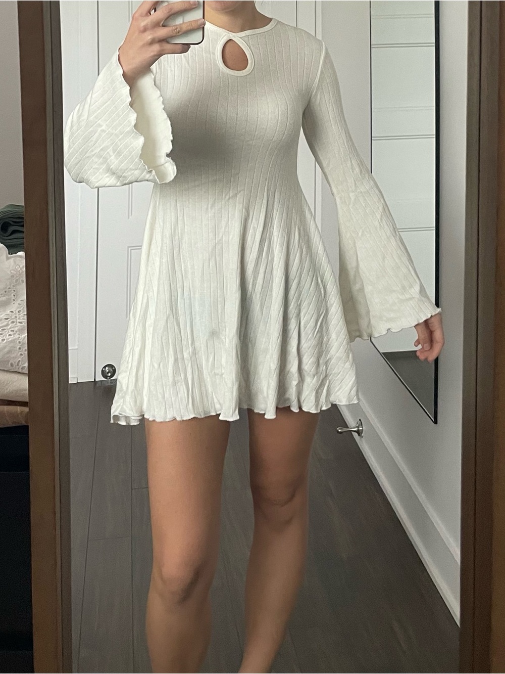 Ivory Ribbed Keyhole Mini Dress with Bell Sleeves